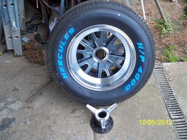 Photo of the RHR wheel and tyre package.
Tyre is Hercules 295/50x15 
The adapter is multi drilled to suit Ford/Chev/Holden HQ_WB and Jaguar.