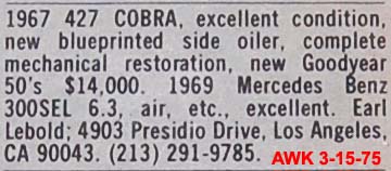427 Cobra ad as it appeared to readers of Autoweek on March 15th, 1975. $14,000 would be roughly equivalent to about $61,000 today.