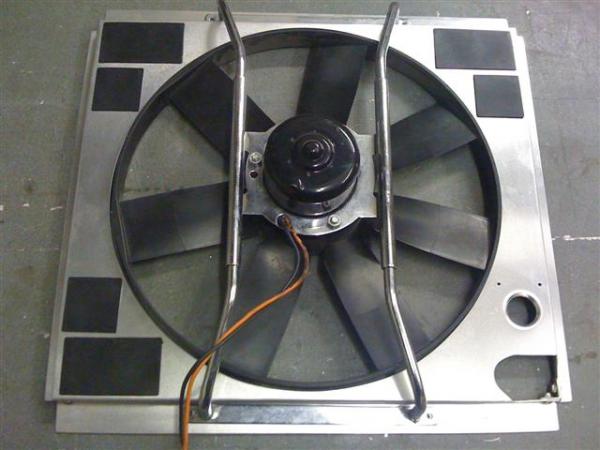 Finished shroud with flaps & fan installed.  1 flap in the bottom right yet to be installed.