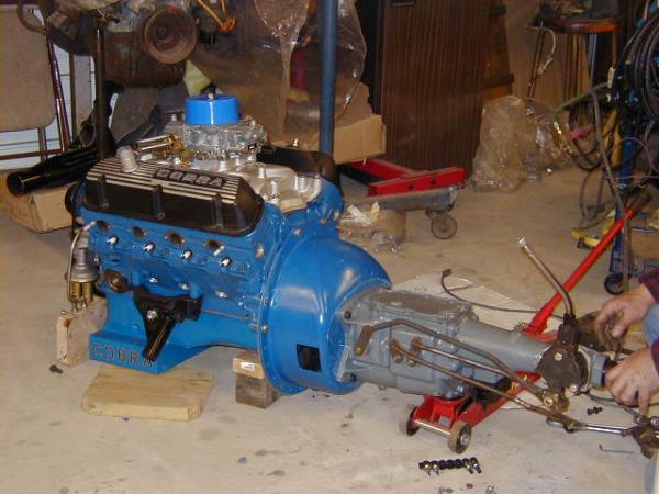 Completed 1969 351W motor with top tranny and Lakewood shield.