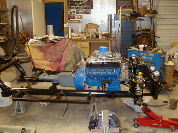 Engine and tranny mounted in chassis with fabricated mounts.