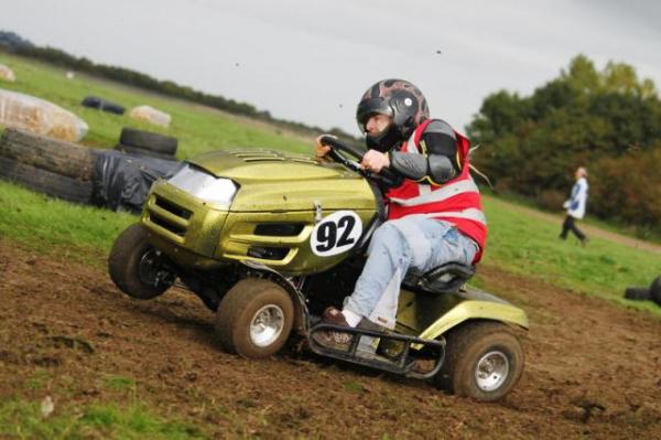 racing lawnmower driven by my son william