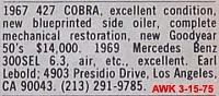 427 Cobra ad as it appeared to readers of Autoweek on March 15th, 1975. $14,000 would be roughly equivalent to about $61,000 today.